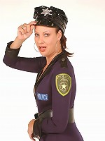 Sexy mature Vanessa Videl posing in a sexy uniform and unbuttons it to unleash her boobies