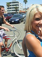 Teen blonde rides dude after getting horny off riding a bike!