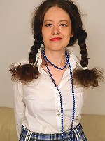 Horny housewife with pigtails goes crazy on her couch