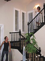 A peeping Tom watches this teen shower, he comes inside and fucks her big ass through the stair railings.