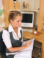 New mature model Angelica Lane spreads her legs wide at the office