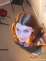 Melissa sheds her denim skirt to reveal her full moon ass