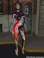 Ultra colorful PVC bodysuit on brunette in 3d!