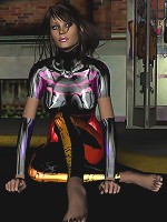 Ultra colorful PVC bodysuit on brunette in 3d!