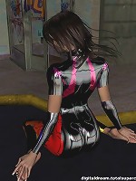 Ultra colorful PVC bodysuit on brunette in 3d!