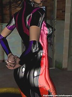 Ultra colorful PVC bodysuit on brunette in 3d!