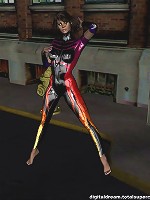 Ultra colorful PVC bodysuit on brunette in 3d!