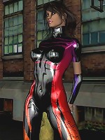 Ultra colorful PVC bodysuit on brunette in 3d!