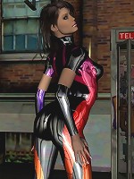 Ultra colorful PVC bodysuit on brunette in 3d!