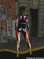 Ultra colorful PVC bodysuit on brunette in 3d!