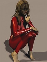 Cute brunette in red pvc poses in 3d