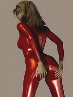 Cute brunette in red pvc poses in 3d