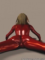 Cute brunette in red pvc poses in 3d