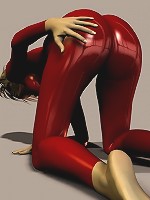 Cute brunette in red pvc poses in 3d