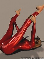 Cute brunette in red pvc poses in 3d