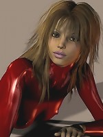 Cute brunette in red pvc poses in 3d