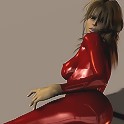 Cute brunette in red pvc poses in 3d