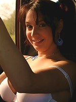 Teen strips in car showing off tits and thong