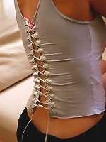 Tight pinstripe short skirt on busty brunette