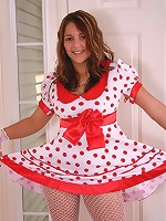 Kara in a polkadot dress with white socks and stockings