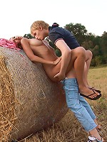 The soft bale of hay turns into the perfect location of these teen lovers. They can lean up against, lay on top of it and more as they have wild, out of control sex.