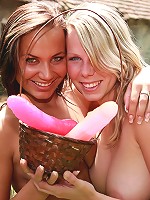 Teens finding a basket of dildos