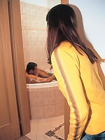 Teenie girl sucks on bathing cock