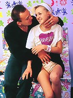 Petite teen girl gobbles on cock