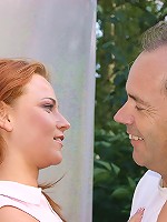 Redhead babe fucks senior outdoor