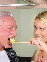 Blonde beauty adores an old male