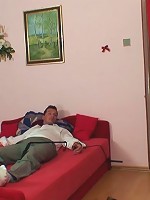 Sultry redheaded granny blows the man in bondage and gets on his cock for a fun ride