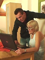 Pumping into hot granny hole with his hard young cock before cumming on her