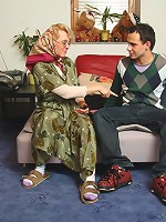 Granny on her hands and knees shakes her ass and he fucks her from behind with long strokes