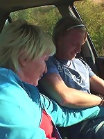 Sexy granny seductress convinces the young man to pull the car over and fuck her pussy