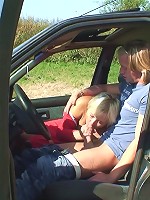Sexy granny seductress convinces the young man to pull the car over and fuck her pussy