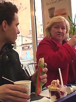 Mature chick makes a hotdog out of his cock and then gets it in her old pussy