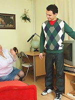 The mature slut licks ketchup off his cock and lets him fuck her dripping wet hole