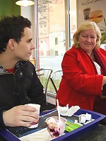 He finds the blonde mature at a fast food restaurant and brings her home for wild sex