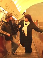 The older chick is picked up in the metro station and goes home to give head and fuck