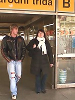 The older chick is picked up in the metro station and goes home to give head and fuck