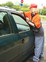 Granny shows her tits then gets in the car for a ride to the country where they double team her