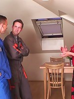 The guys show up to repair her washing machine and gives her granny pussy a pounding