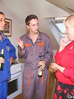 Mature threesome where the young repairmen fix her washing machine and plug her body