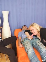 Threesome with two guys enjoying her ancient pussy and making her moan like a slut