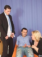 Chubby mature blonde going wild with two guys and their big, rock hard schlongs