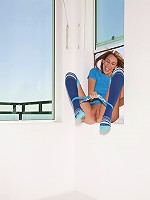 Sweet busty Nikki Brooks in her sexy blue socks teasing flips off her panties showing her tight pussy and lovely big knockers