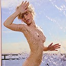 Glamorous model Kara in her skimpy blue nightie teasing at the shoot