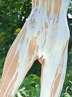 Adorable teen girl pours milk all over her completely naked body