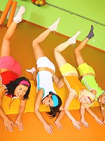 Four 18yo schoolgirls play with cock after aerobics class