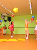 Four 18yo schoolgirls play with cock after aerobics class